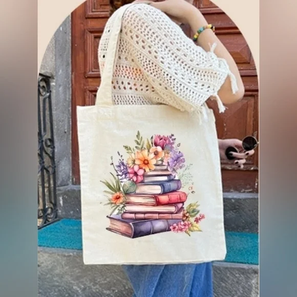 Books & Flowers Cotton Canvas Tote Bag with 2 Inner Pockets Reusable Washable - Picture 7 of 13